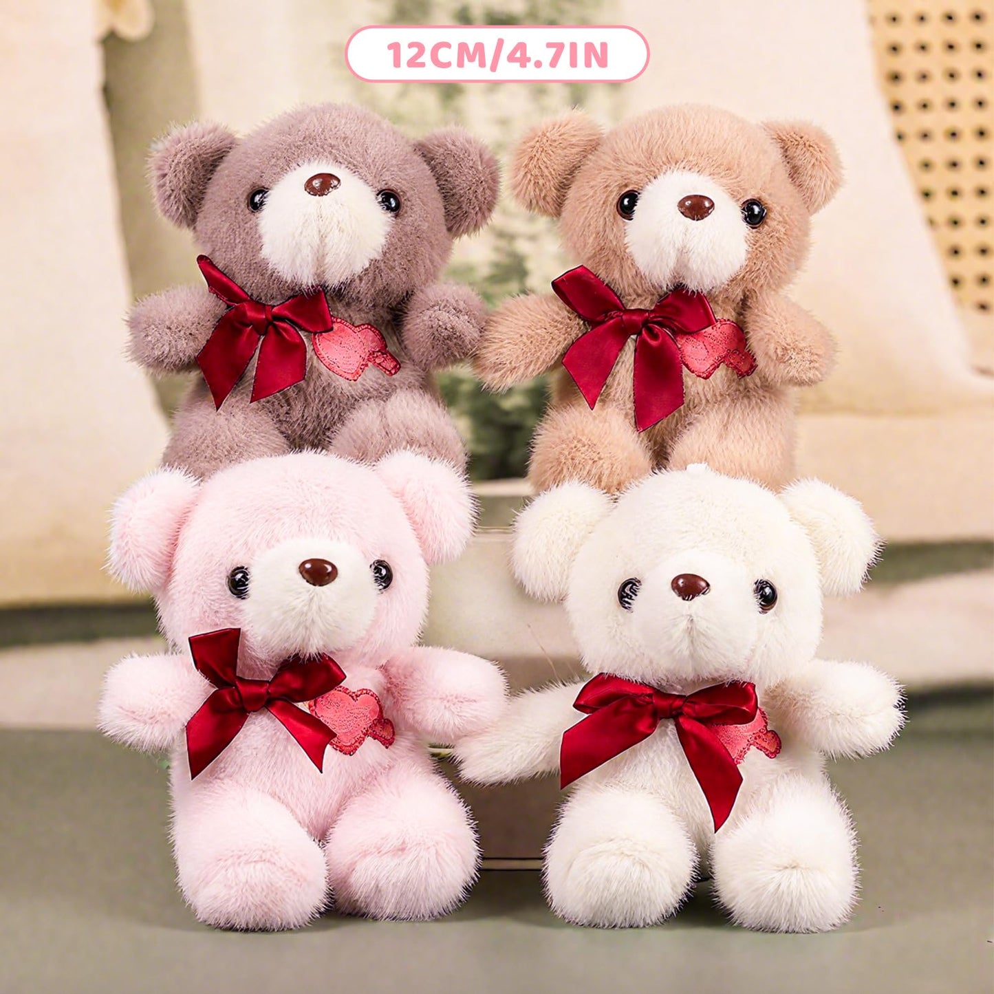 ABEARCAR 4.7 Inchs Teddy Bear Stuffed Animal with Heart,Bow Tie Embroidered Pink Heart Teddy Bear Plush Toy for Girlfriend, Boyfriend(Khaki)
