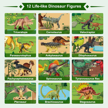 FRUSE Jurassic Dinosaur Toys Figures,12 PCS Realistic Large Dinosaur Figurines with Jumbo Play Mat & Information Dino Book,Educational Dino Figure
