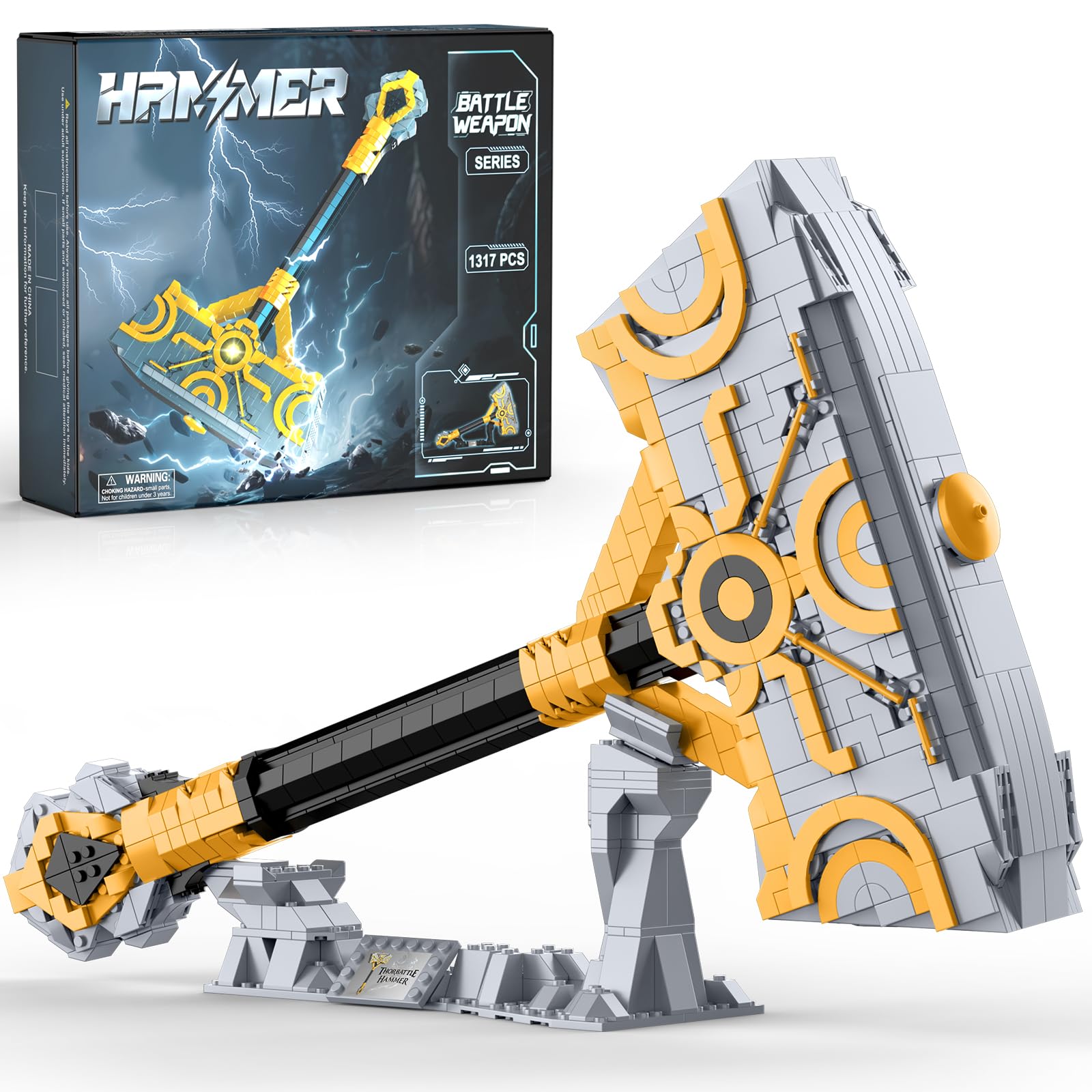 Finger Rock Thor Battle Hammer Toy Building Blocks Set for Adults, Legendary Hammer Building Kit with a Base for Display, 1317 Pieces Classic Toy