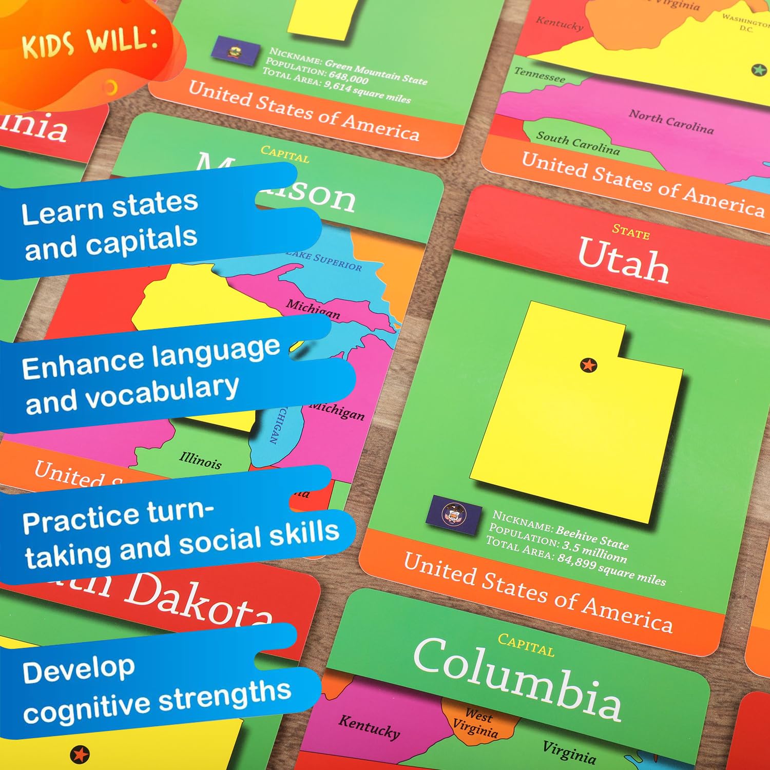 GeoCards USA Flashcards, States and Capitals, Geography Games for Ages 4+