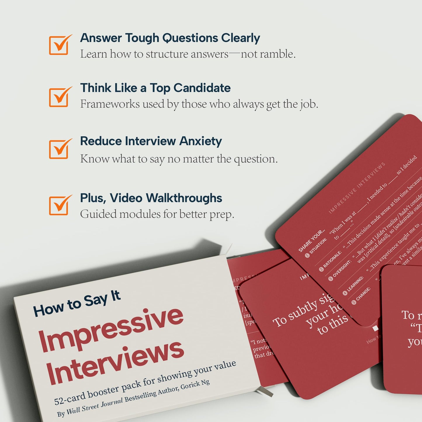 HOW TO SAY IT® Impressive Interviews by Gorick Ng, 52 Scenario-Based Flashcards with Video Tutorials, Job Interview Prep (55, Red, Interviewing