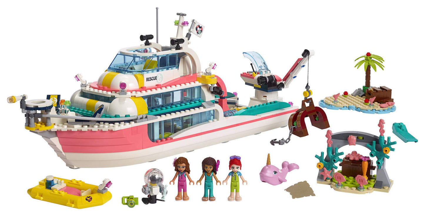 LEGO Friends Rescue Mission Boat 41381 Toy Boat Building Kit with Mini Dolls and Toy Sea Creatures, Rescue Playset Includes Narwhal Figure, Treasure