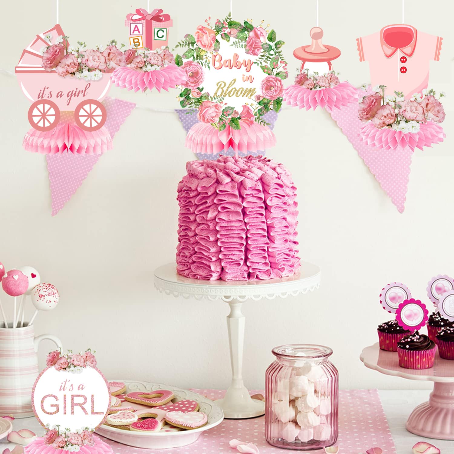 Vifoulal 12 Pcs Baby Shower Honeycomb Centerpieces for Girl, Floral Party Table Honeycomb Decorations, for Newborn Baby Photo Props, Tables Toppers