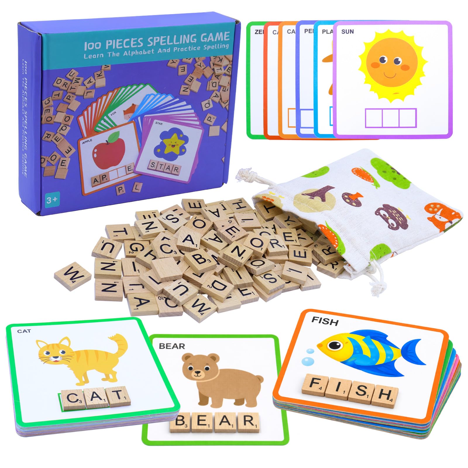 Humerry Spelling Game for Kids Ages 3-8, Word Building & Sight Word Games, Phonics Learning Toy with 100 Wooden Letter Tiles & 30 Double-Sided
