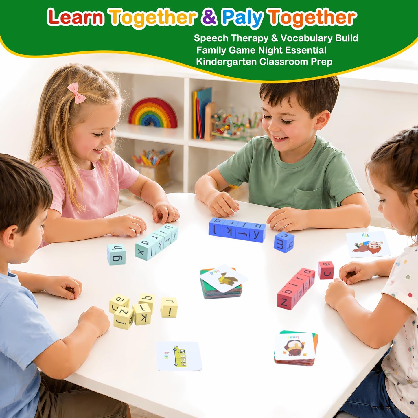 Humerry Spelling Games for Kids Ages 3-6, CVC Word Matching Letter Game, Phonics Learning Toy with 54 Flash Cards for Preschool Boys Girls