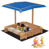 Wooden Sandbox with 2 Plastic Boxes, Outdoor Sand Box with Adjustable Canopy, Bottom Liner, Anti-Collision Design for Ages 3-8, Spacious Kids Sand Pit