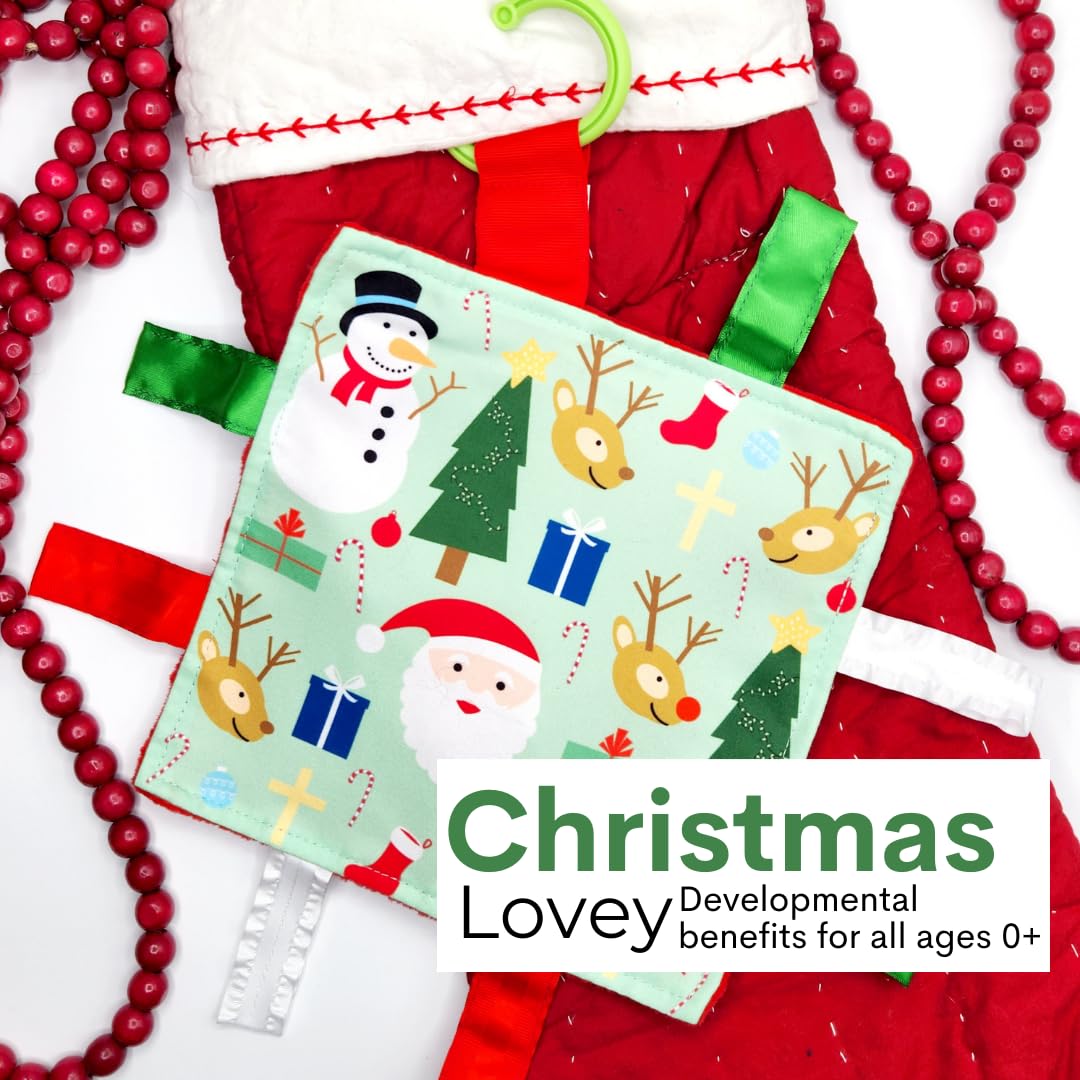 Baby Jack & Co 8x8” Baby's First Christmas, Stocking Stuffer, Santa Gift, Rudolph Red Nose Lovey Tag Toy - Crinkle Toy for Developing 5 Senses