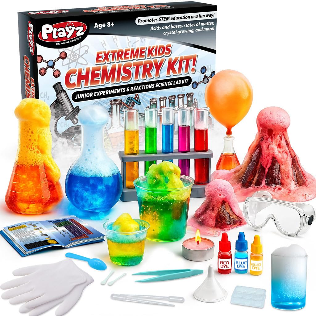 Playz Extreme Chemistry Set - 52 Unique Experiments, Science Kits for Kids Age 8-12, Lab Gear, Volcano Project, Learning Tools, Fair Activity