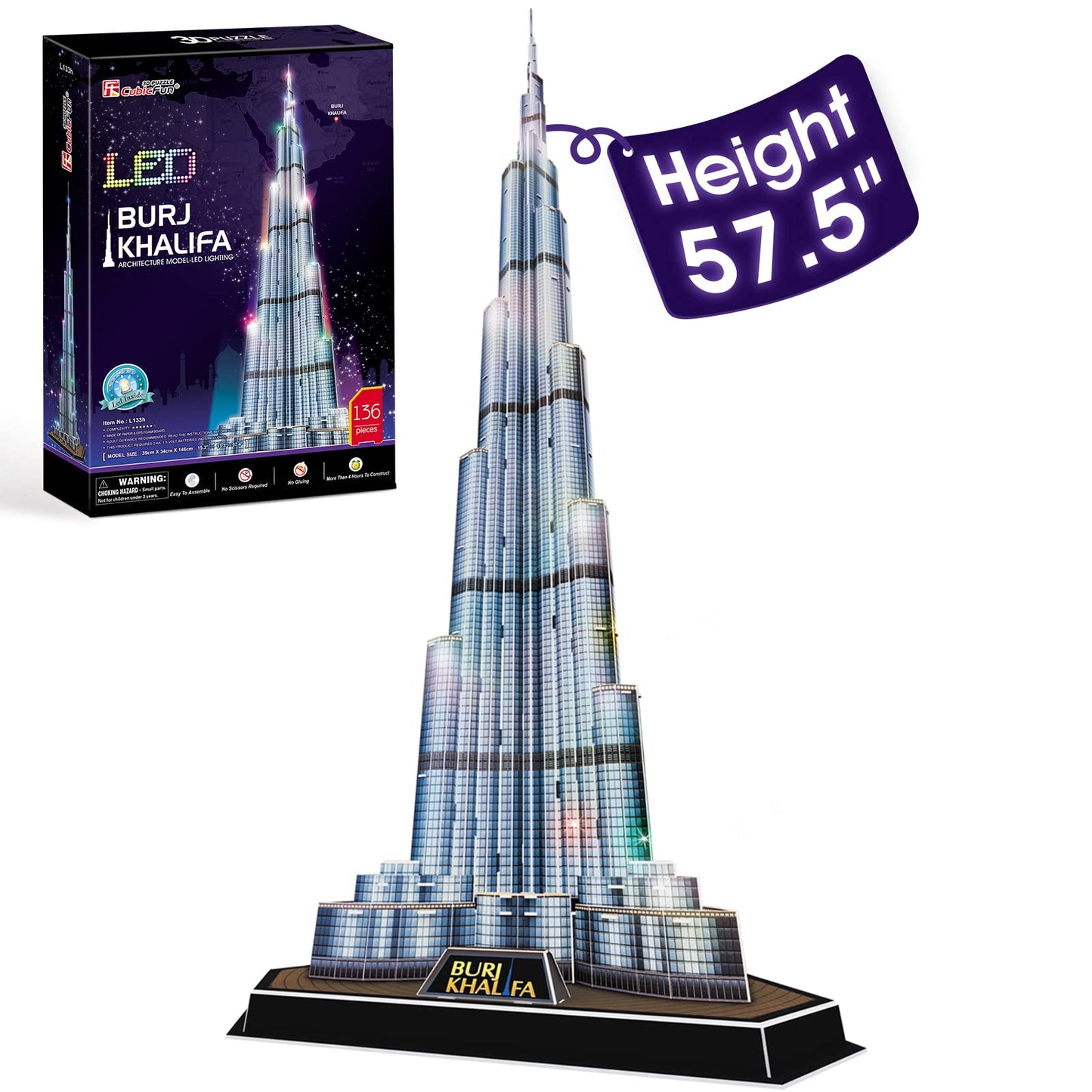 CubicFun 3D Puzzles LED Dubai Burj Khalifa 57.5" H Architecture Building Model Kits for Adults, Souvenir Decoration and Birthday Gifts for Men