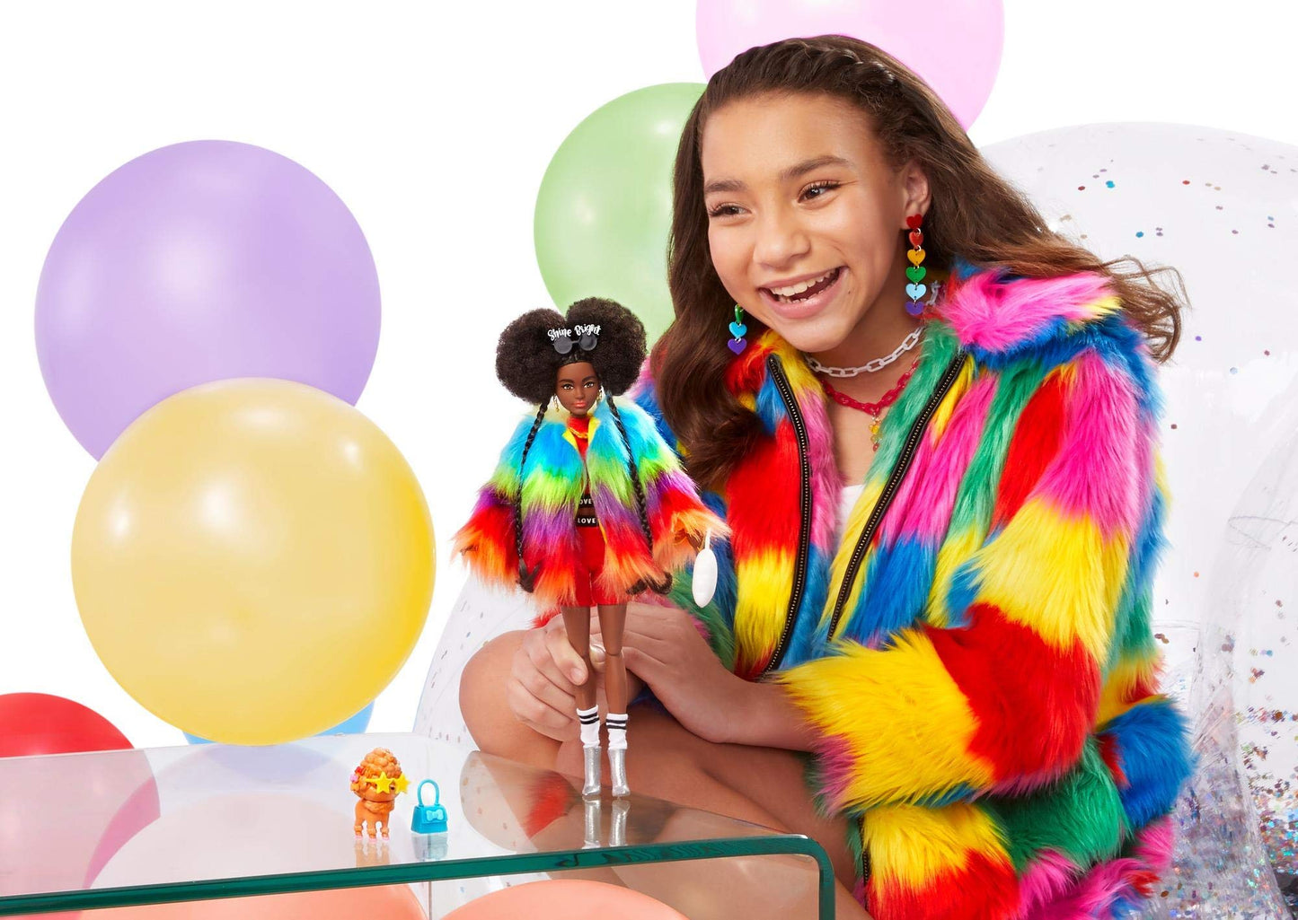 Barbie Extra Doll and Accessories with Afro-Puffs in Shaggy Rainbow Coat & Athleisure Look with Pet Poodle
