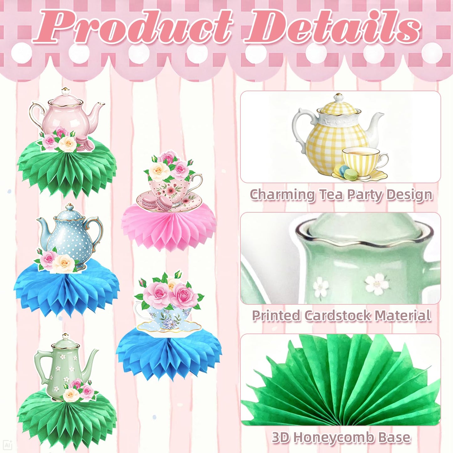 9 Pcs Tea Party Honeycomb Centerpieces, 3D Floral Teapot Tissue Paper Table Decorations with Tea Cup, Cake Stand, Rose Bouquet Designs for Bridal