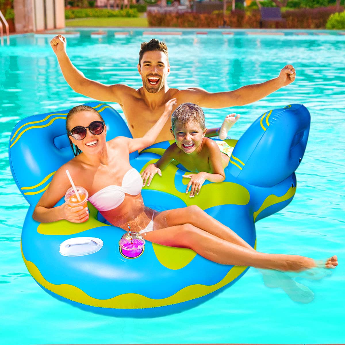 Double Pool Floats, Adult Pool Floats, mesh Bottom Pool raft, with Two Handle and Two Big Cup Holder, Great for Chilling in the Pool,Blue.
