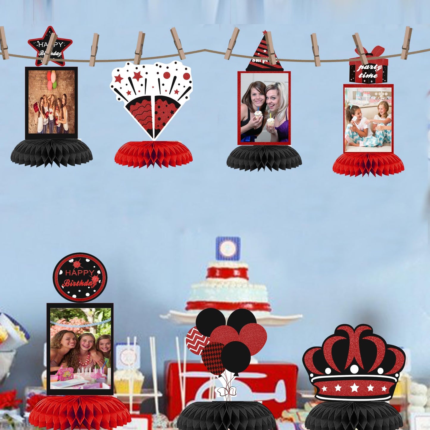 WINPOGEE 9Pcs Black Red Birthday Decorations Honeycomb Centerpieces Red Theme Birthday Photo Table Centerpiece Party Supplies 16th 30th 40th 50th 60th