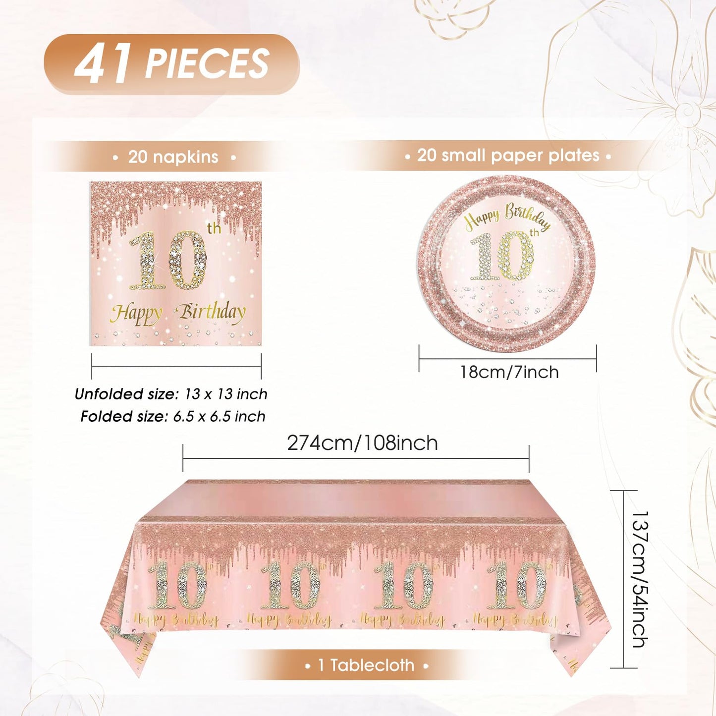 41 Pcs 10th Birthday Decorations for Girl,Rose Gold Happy 10 Years Old Ten Birthday Party Tableware Set 10th Birthday Party Plates