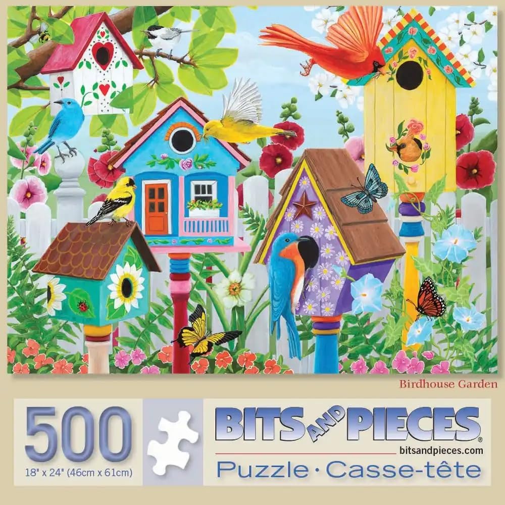 Bits and Pieces - Large 500 Piece Jigsaw Puzzle for Adults - ‘Birdhouse Garden’ by Artist Kathy Bambeck, Completed Puzzle Size: 18" x 24"
