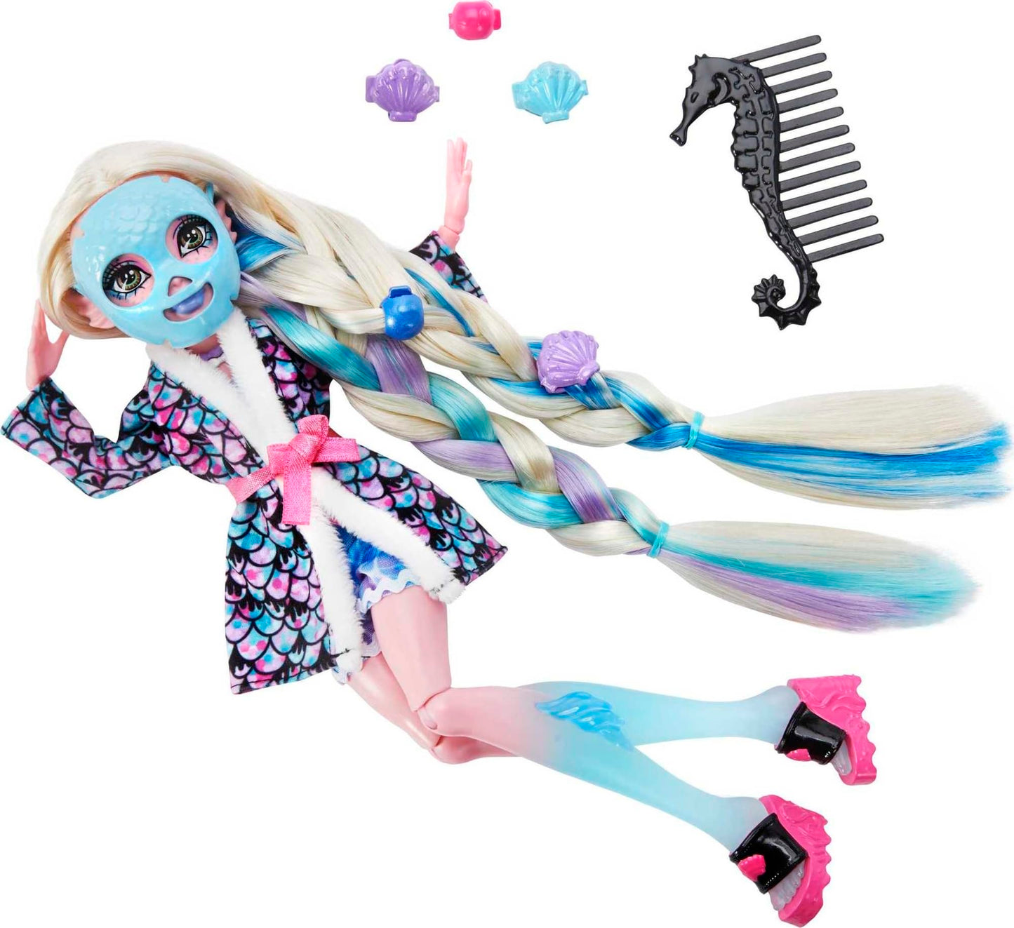 Monster High Doll, Lagoona Blue Spa Day with Wear & Share Accessories Including Hairstyling Clips, Hair Chalk & Tattoos
