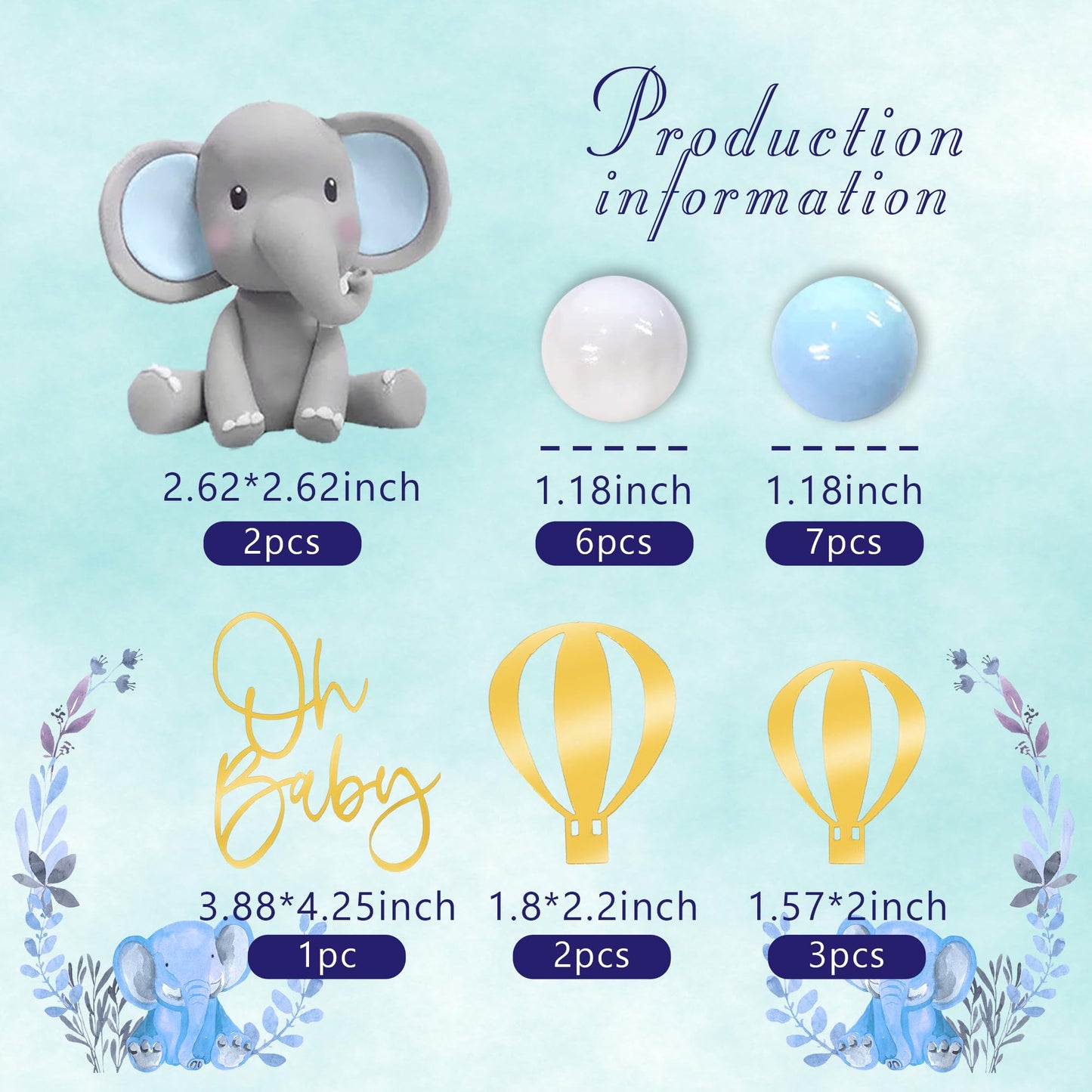 Elephant Cake Decoration with Mini Elephant Blue White Pearl Balls Hot Air Balloon for Elephant Theme Birthday Supplies (BLUE)