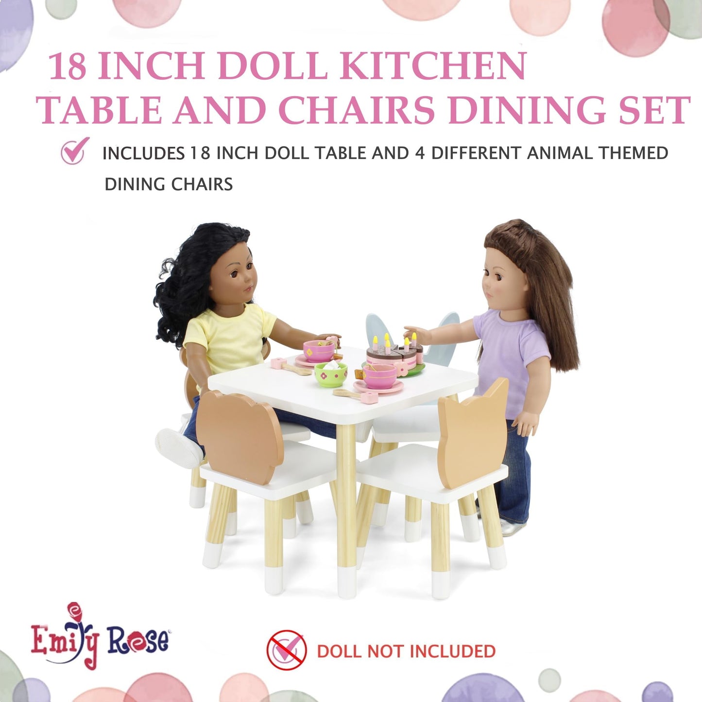 Emily Rose 18 Inch Doll Furniture Kitchen Table & 4 Animal Chairs Set - Rabbit Bear Puppy Kitten Theme, Easy Assembly Wooden 18" Doll Dining Set from