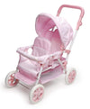 Badger Basket Double Front to Back Stroller for Dolls - Lightweight Foldable Toy Pram with Gingham Fabric Canopy and Storage Basket - Fun Pretend Play