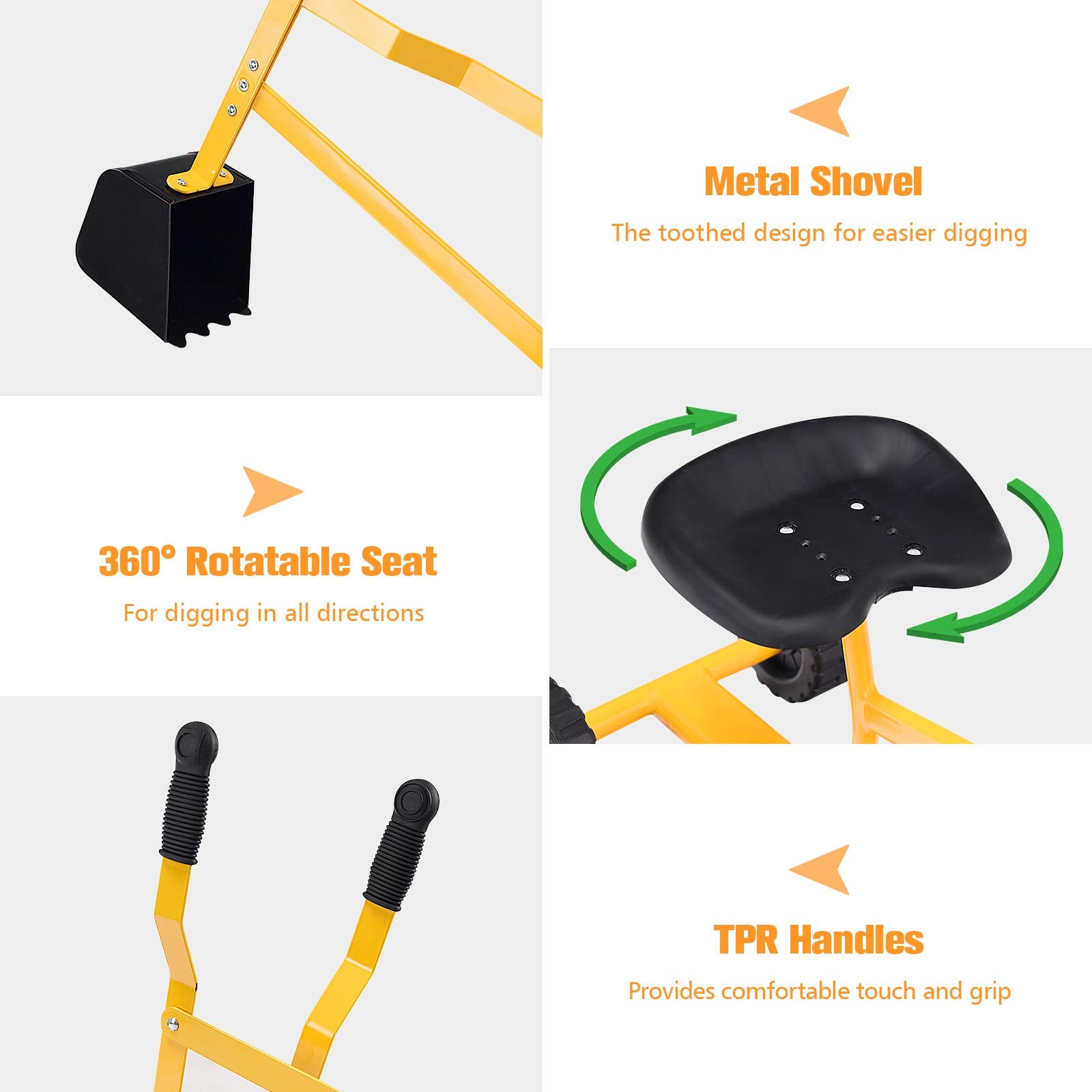 GLACER Kids Sand Digger with Wheels, Sandbox Excavator Crane with Rotatable Seat, Kids Ride on Swivel Digger for Dirt and Snow, Steel Digging Scooper