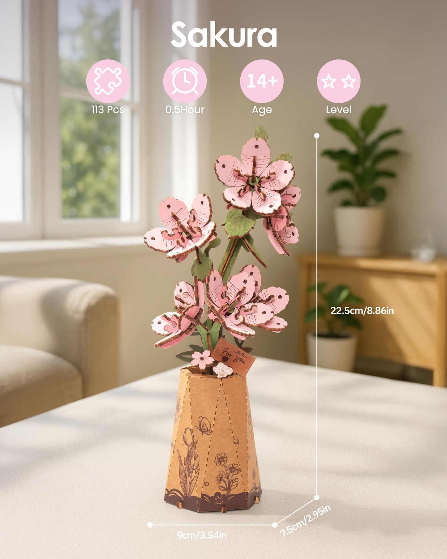 ROBOTIME 3D Puzzle Sakura TW101, DIY Wooden Flower Craft, Artificial Flowers Model Kit to Assemble for Adults, Home Decoration and Valentine's Day Toy