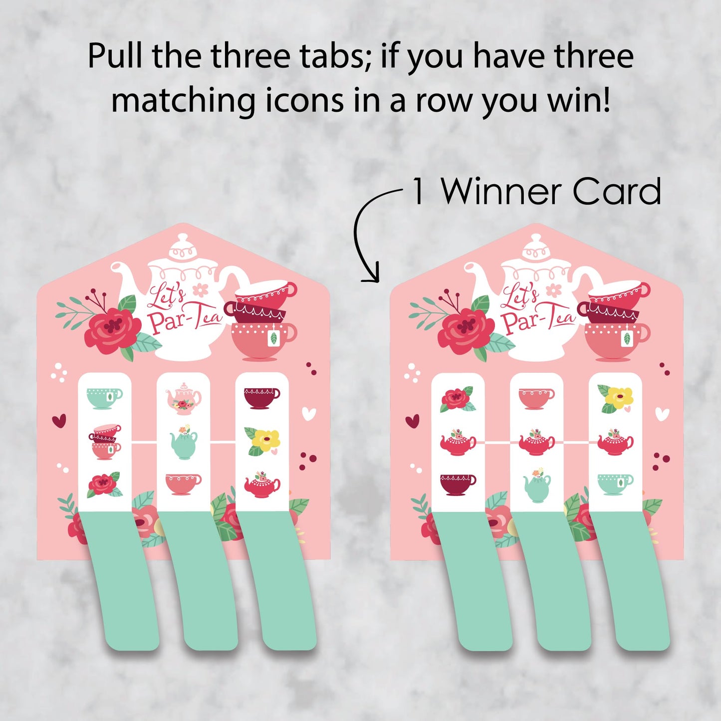 Big Dot of Happiness Floral Let's Par-Tea - Garden Tea Party Game Pickle Cards - Pull Tabs 3-in-a-Row - Set of 12