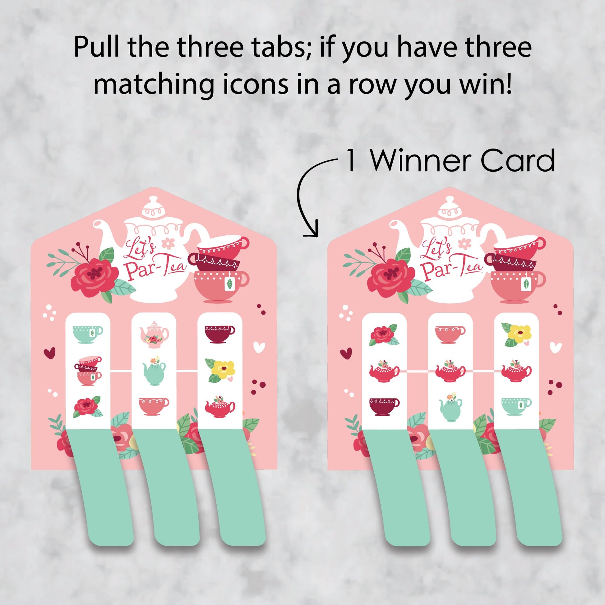 Big Dot of Happiness Floral Let's Par-Tea - Garden Tea Party Game Pickle Cards - Pull Tabs 3-in-a-Row - Set of 12