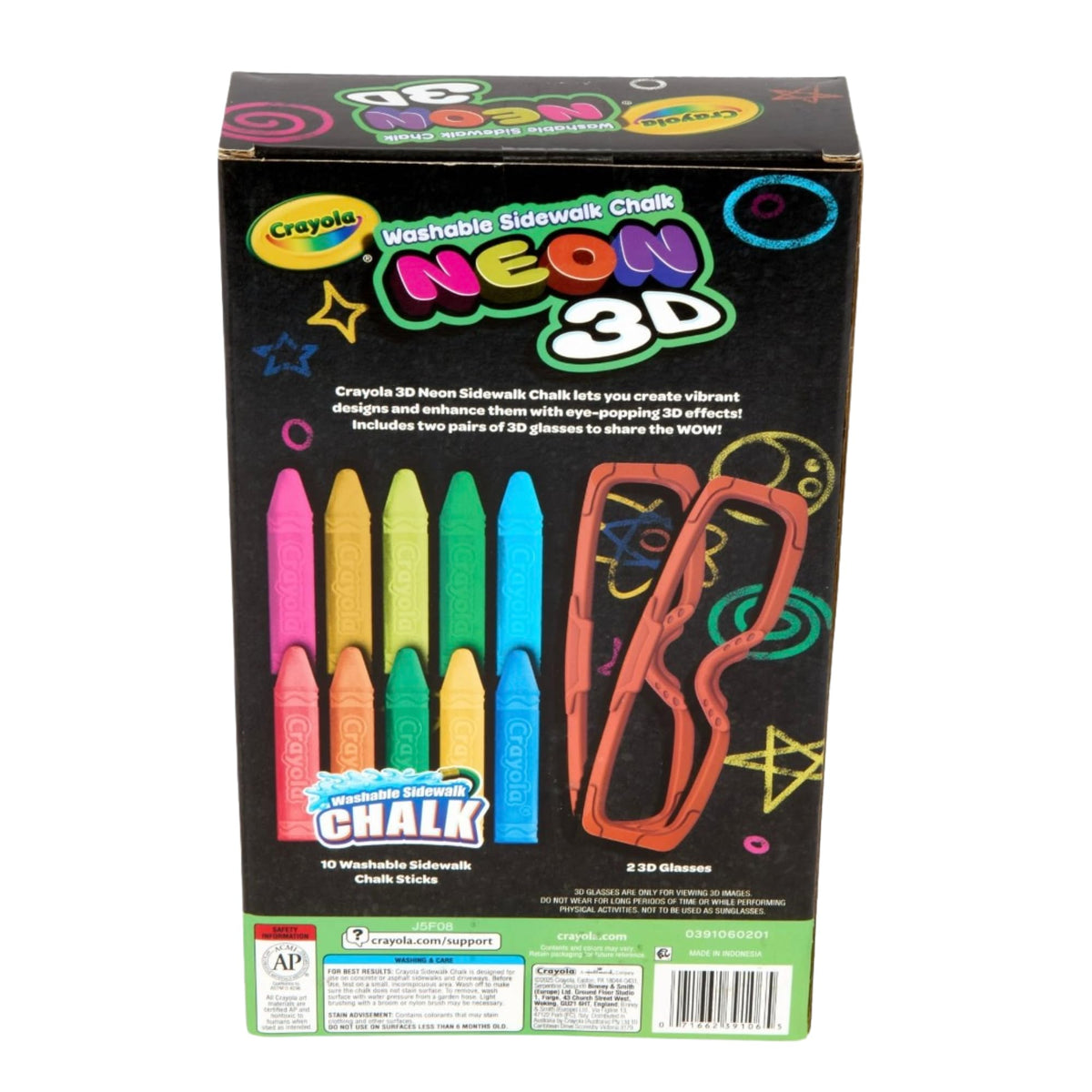 Crayola Neon 3D Washable Sidewalk Chalk Set, 10 Chalk Sticks with 2 Pairs of 3D Glasses, Ages 4+