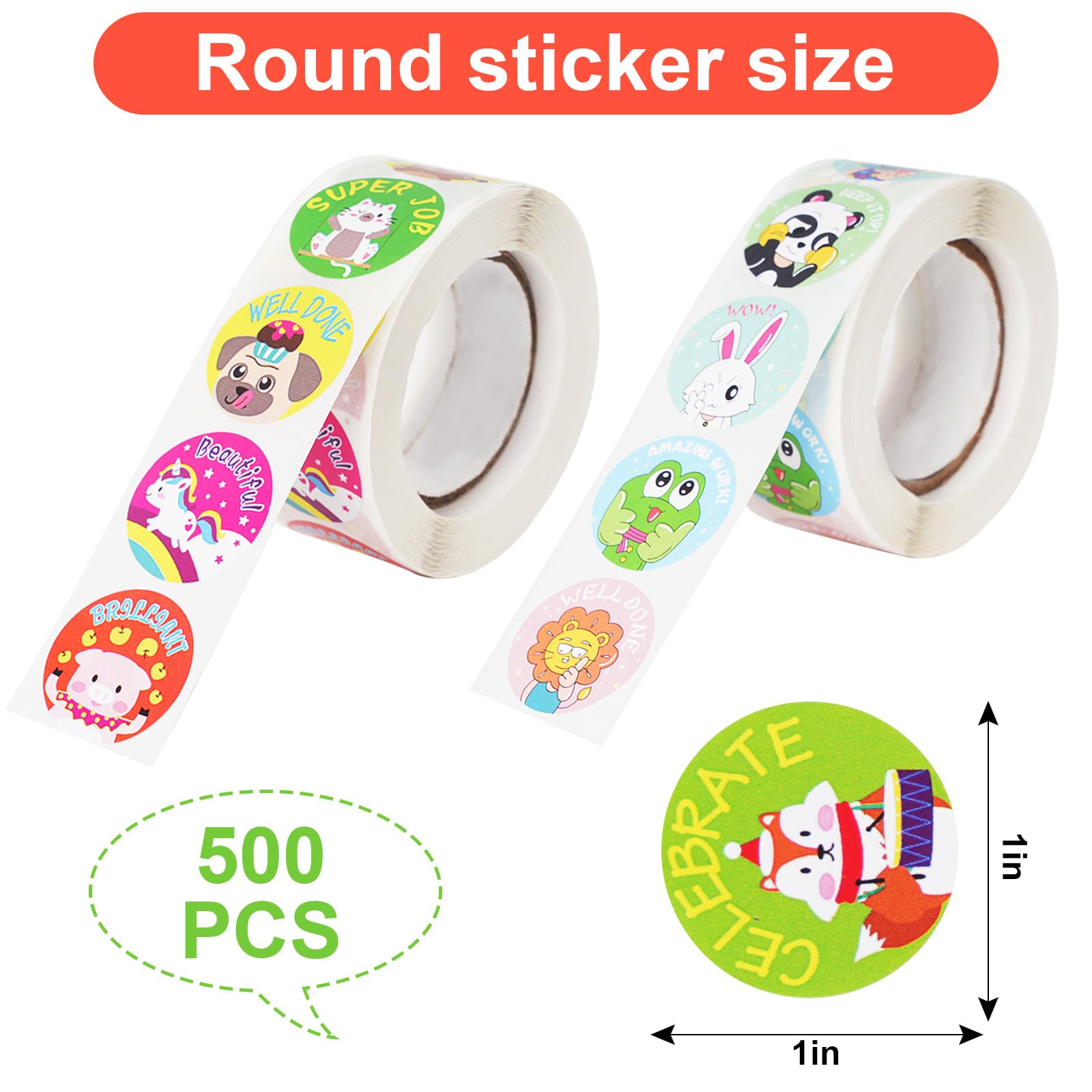 1000 Pcs Kid Stickers Animals, Stickers for Childens Teachers Students School Classroom in 16 Designs Motivational Stickers (1 Inch / 2 Rolls)