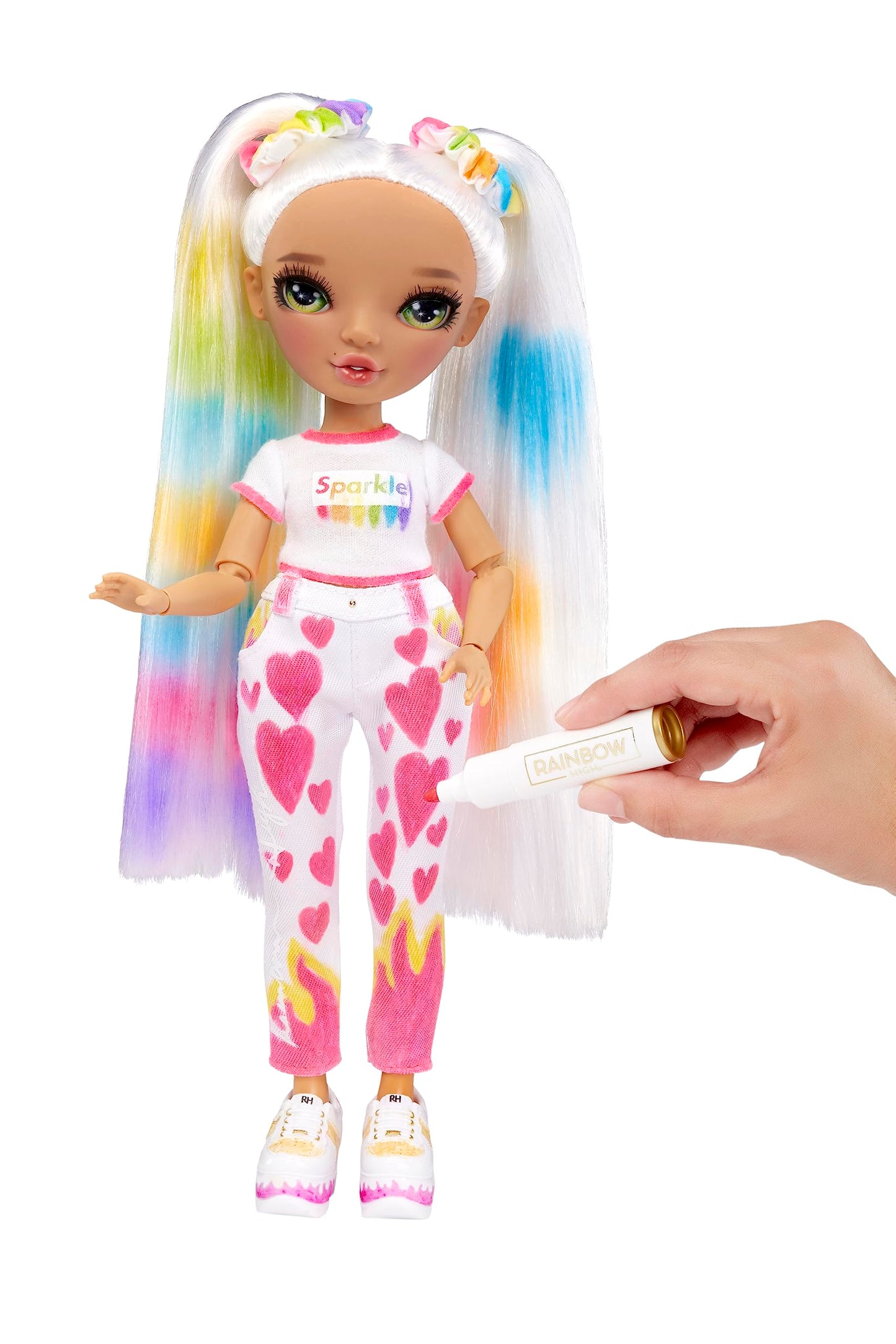 Rainbow High Color & Create Fashion DIY Doll with Washable Rainbow Markers, Green Eyes, Straight Hair in 2 Pig Tails, Bonus Top & Shoes. Color