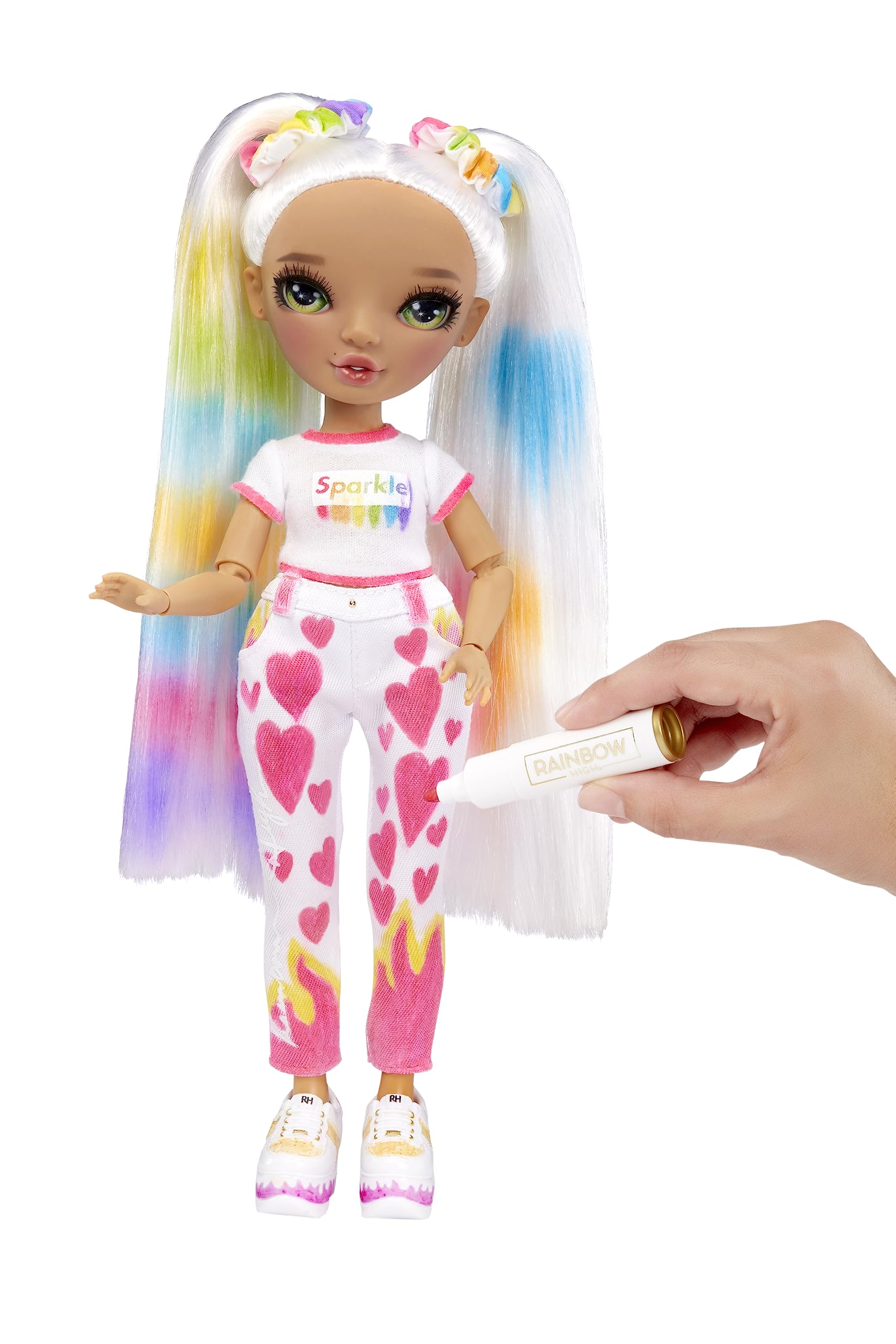 Rainbow High Color & Create Fashion DIY Doll with Washable Rainbow Markers, Green Eyes, Straight Hair in 2 Pig Tails, Bonus Top & Shoes. Color