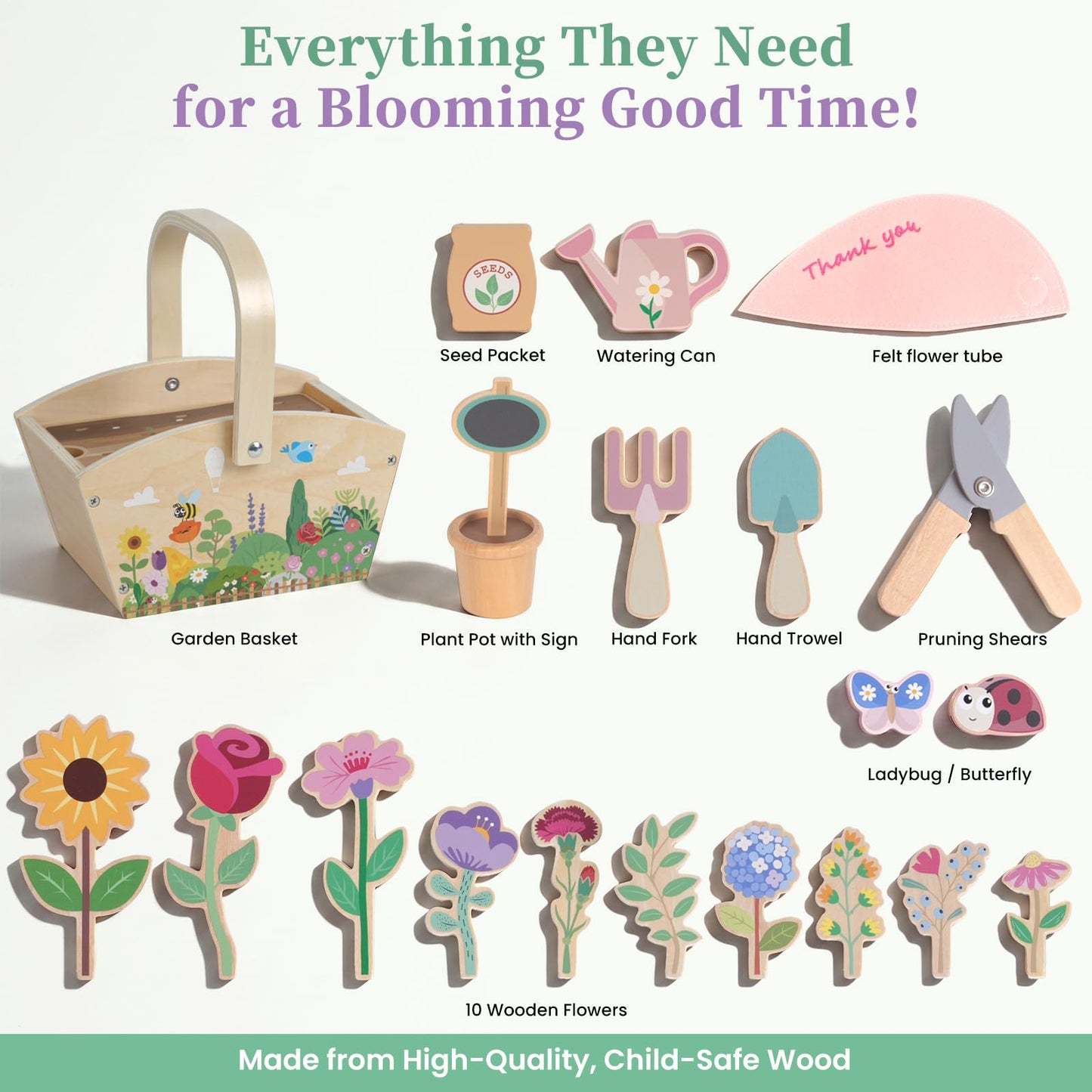 WOODENFUN Wooden Pretend Play Toys for Kids, 22Pcs Flower Garden Playset