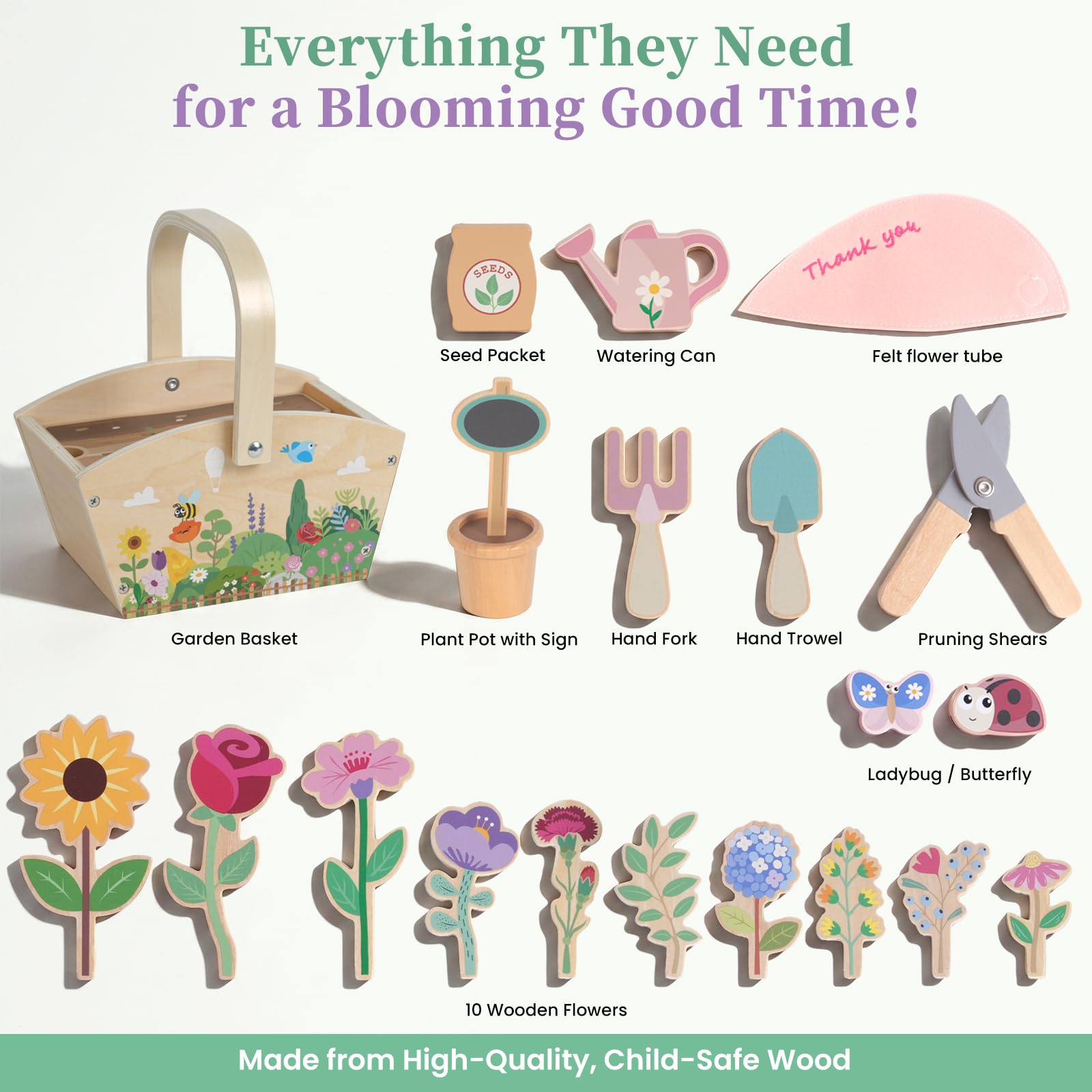 WOODENFUN Wooden Pretend Play Toys for Kids, 22Pcs Flower Garden Playset