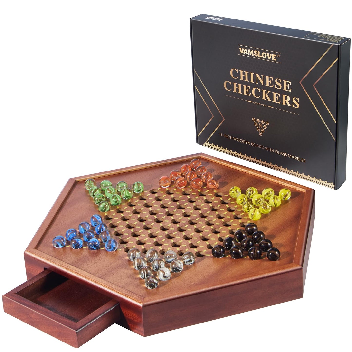 VAMSLOVE Chinese Checkers 15" Large Upgraded Version Wooden Game Board, 16mm 60+12 Colorful Glass Marbles, Easy Grasping for Adults and Kids