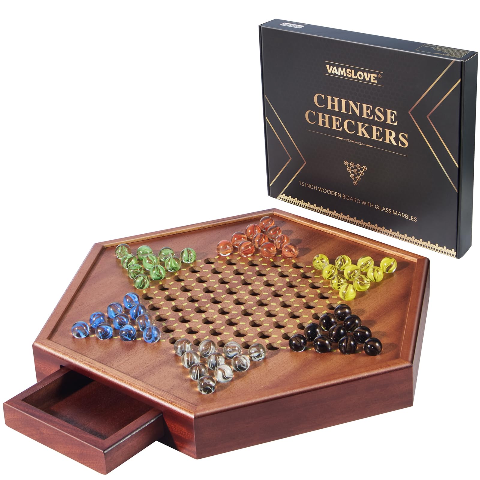 VAMSLOVE Chinese Checkers 15" Large Upgraded Version Wooden Game Board, 16mm 60+12 Colorful Glass Marbles, Easy Grasping for Adults and Kids