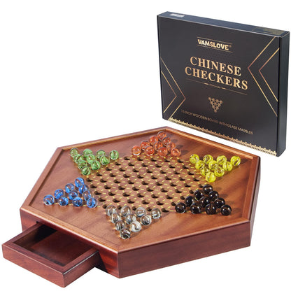 VAMSLOVE Chinese Checkers 15" Large Upgraded Version Wooden Game Board, 16mm 60+12 Colorful Glass Marbles, Easy Grasping for Adults and Kids