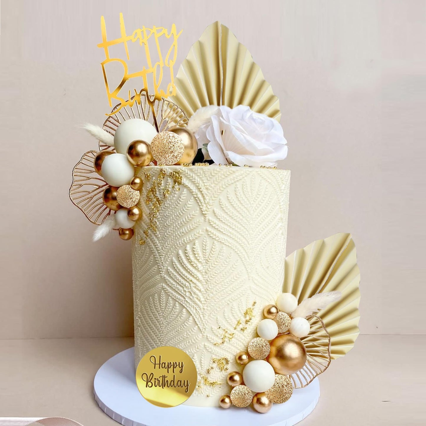 White Gold Balls Cake Toppers Balls Birthday Cake Decorations for Birthday Boho Wedding Baby Shower Party Decoration (White Gold)