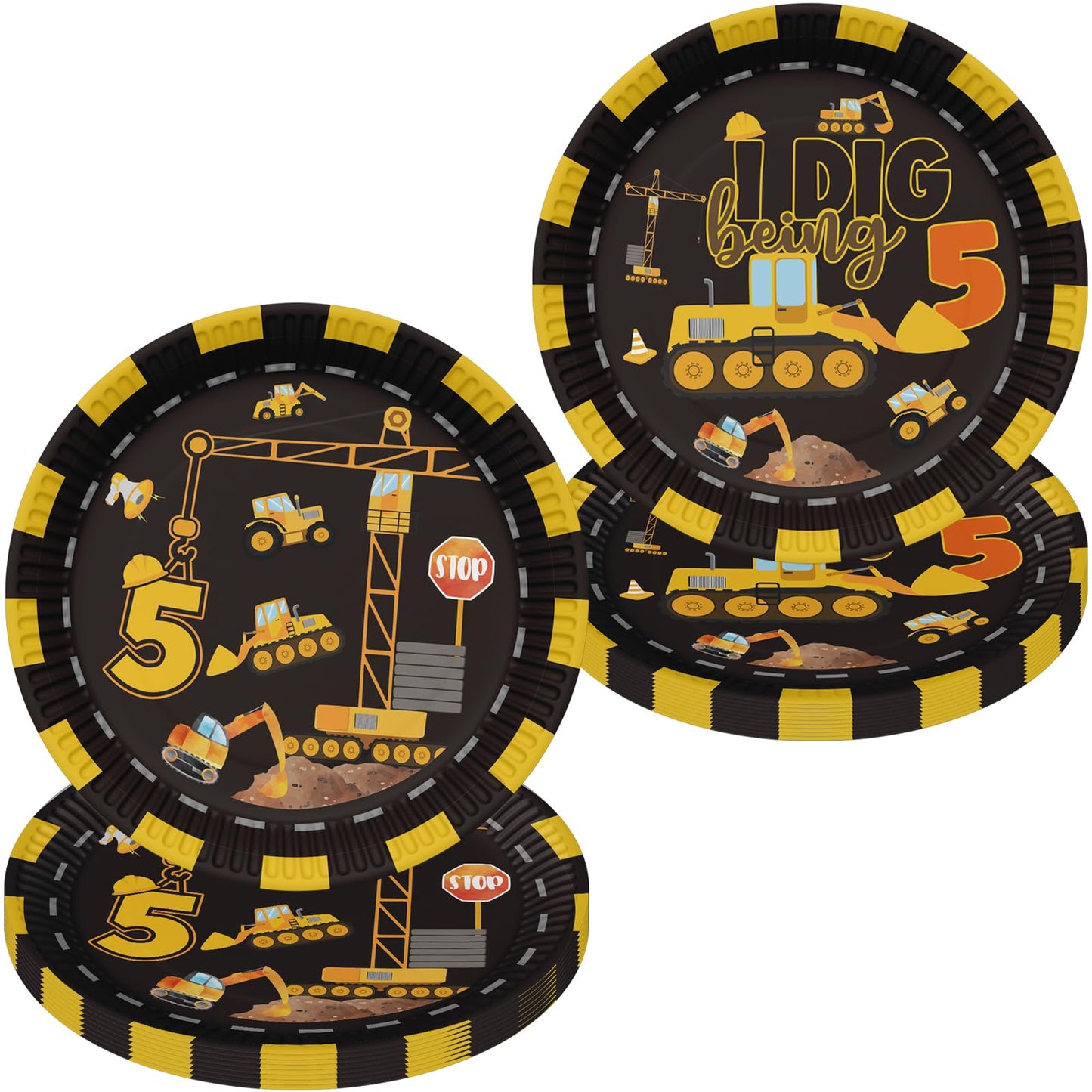 40 Pcs Construction 5th Birthday Party Paper Plates Dump Truck Five Years Old Disposable Paper Dinner Plates 4 Designs Tableware for Construction