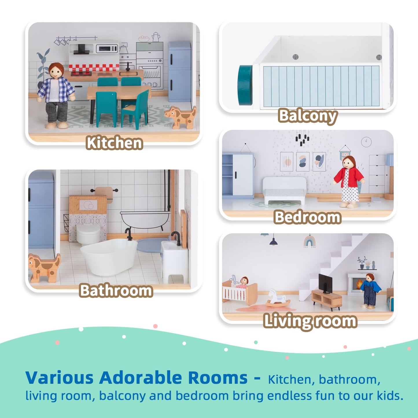 OOOK Wooden Dollhouse with Liftable Elevator - 2.6 Feet High Modern Doll House for Kids Toddlers - Including 21 Furniture Pieces, 4 Family Dolls,
