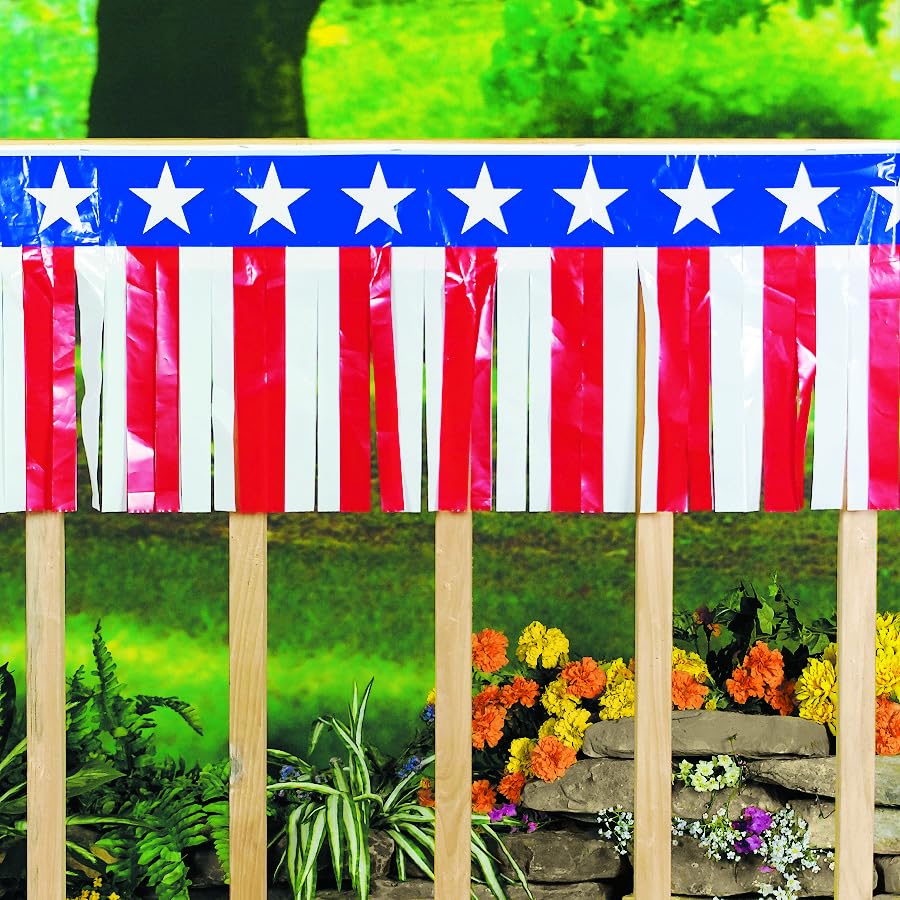 Fun Express American Flag Fringe Backdrop for 4th of July Decorations - 100ft Red White and Blue Streamers Party Decorations | Patriotic Decor