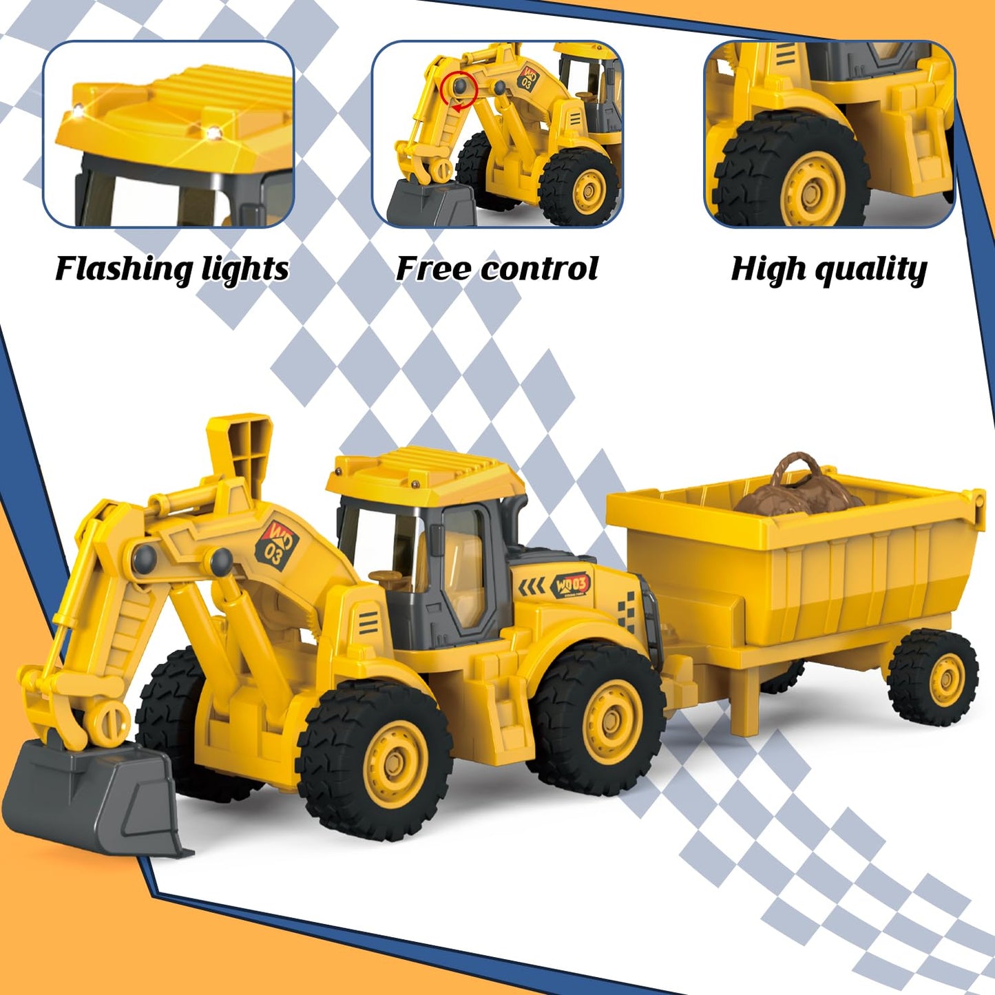 Excavator Toy with Cargo Bin, 1:18 Scale Construction Vehicle for Kids, Inertia-Powered Push-and-Go, Lights & Sounds, Working Digger Arm