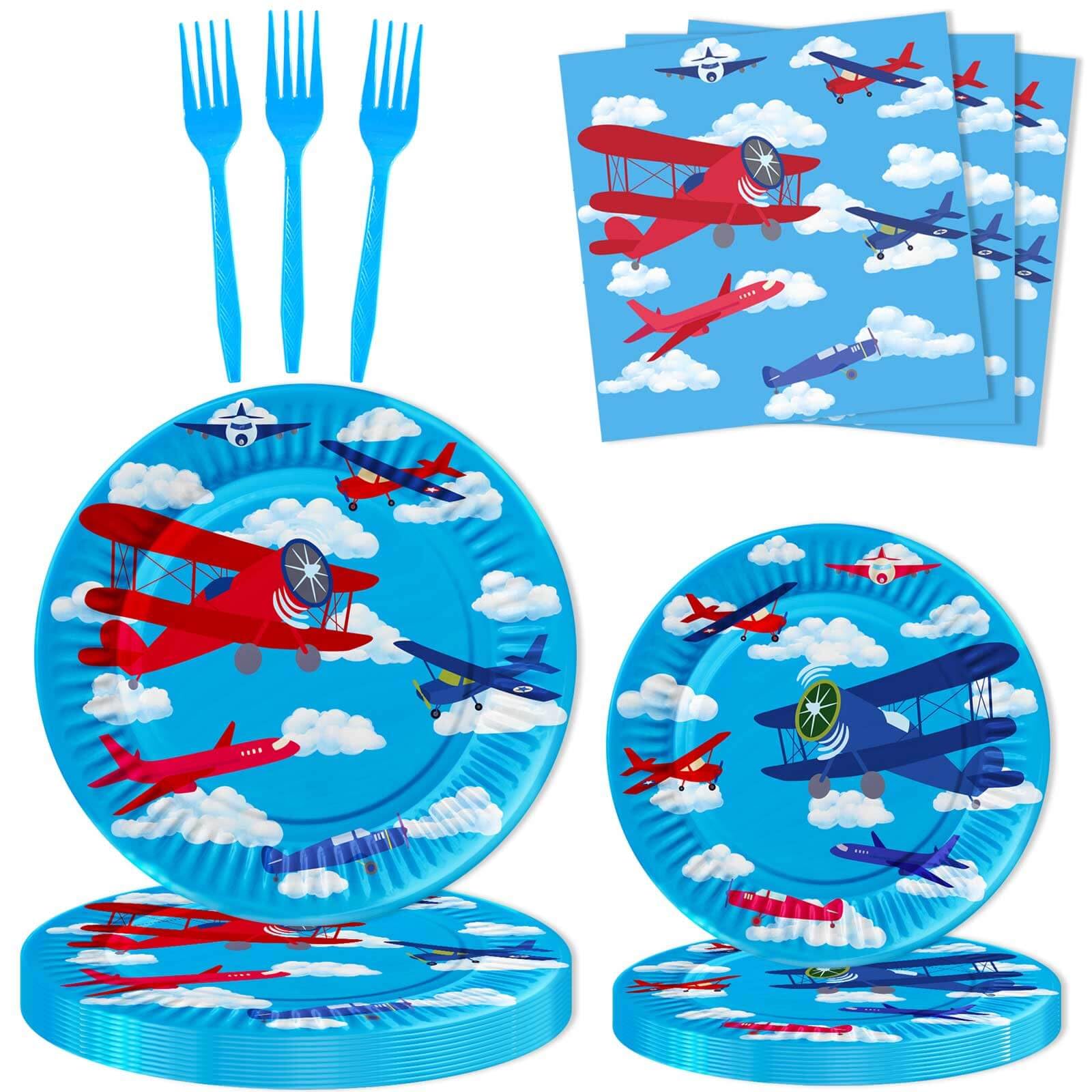 LetDec Airplane Birthday Party Tableware Airplane Aircraft Disposable Paper Plates Dinnerware for Aviation Theme Boys Birthday Baby Shower Party