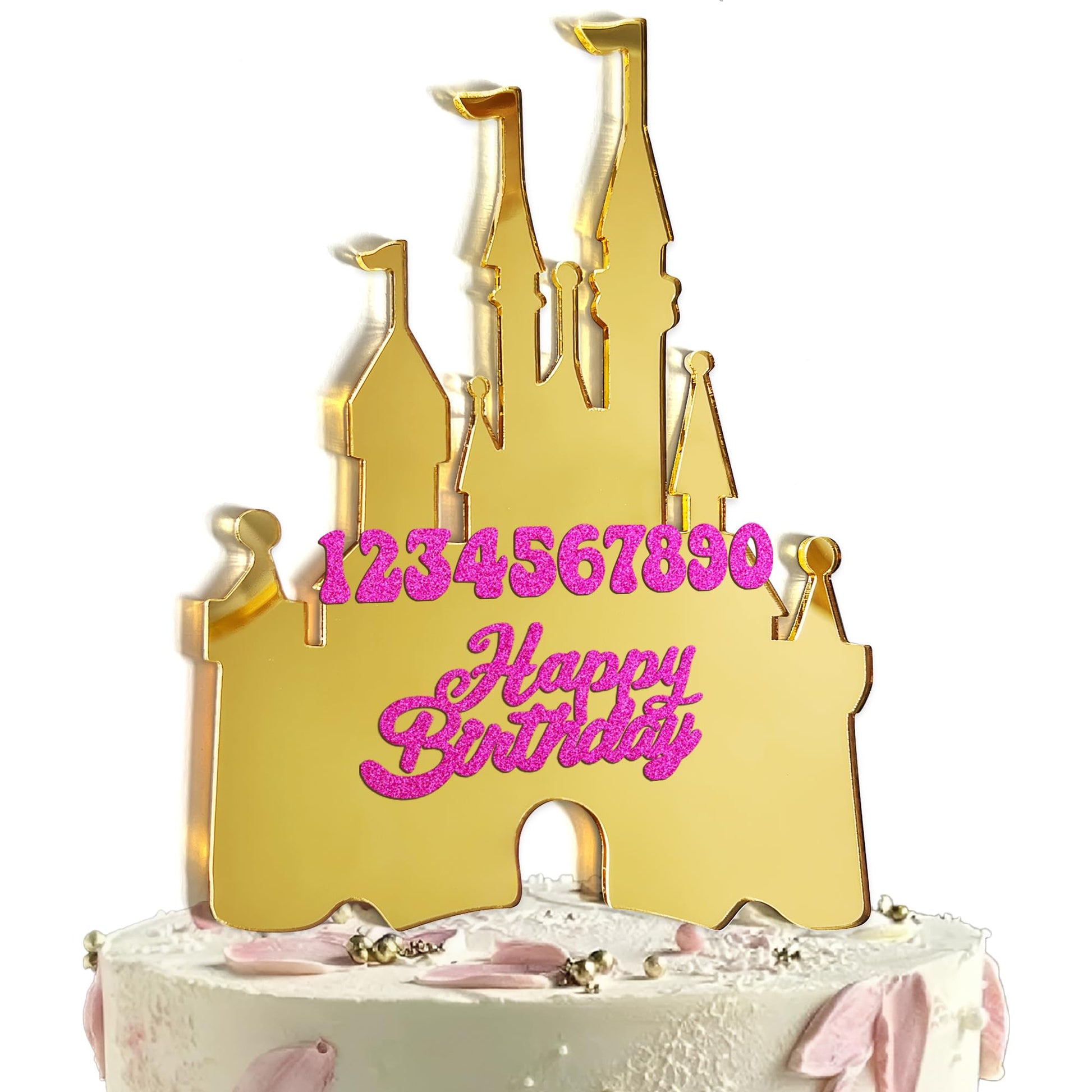 Gold Castle Cake Topper with Numbers 0-9 - Princess Birthday Cake Decorations, Reusable Gold Acrylic Happy Birthday Cake Topper Set for Party Supplies