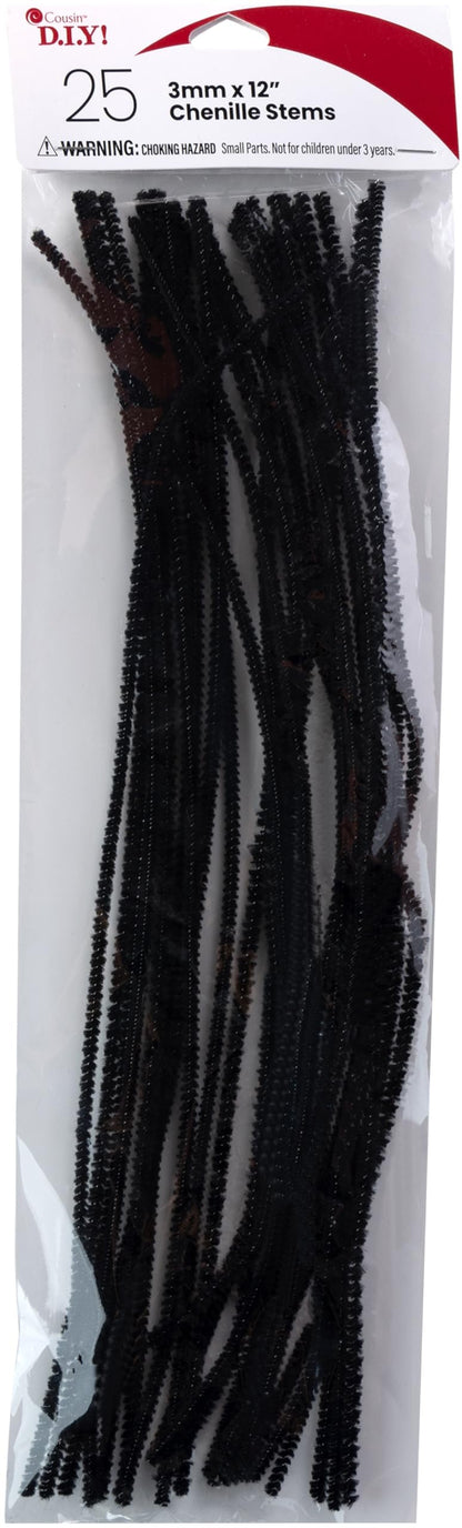 Black Chenille Stem Pipe Cleaners, 3mm x 12 inch, 25 Pack