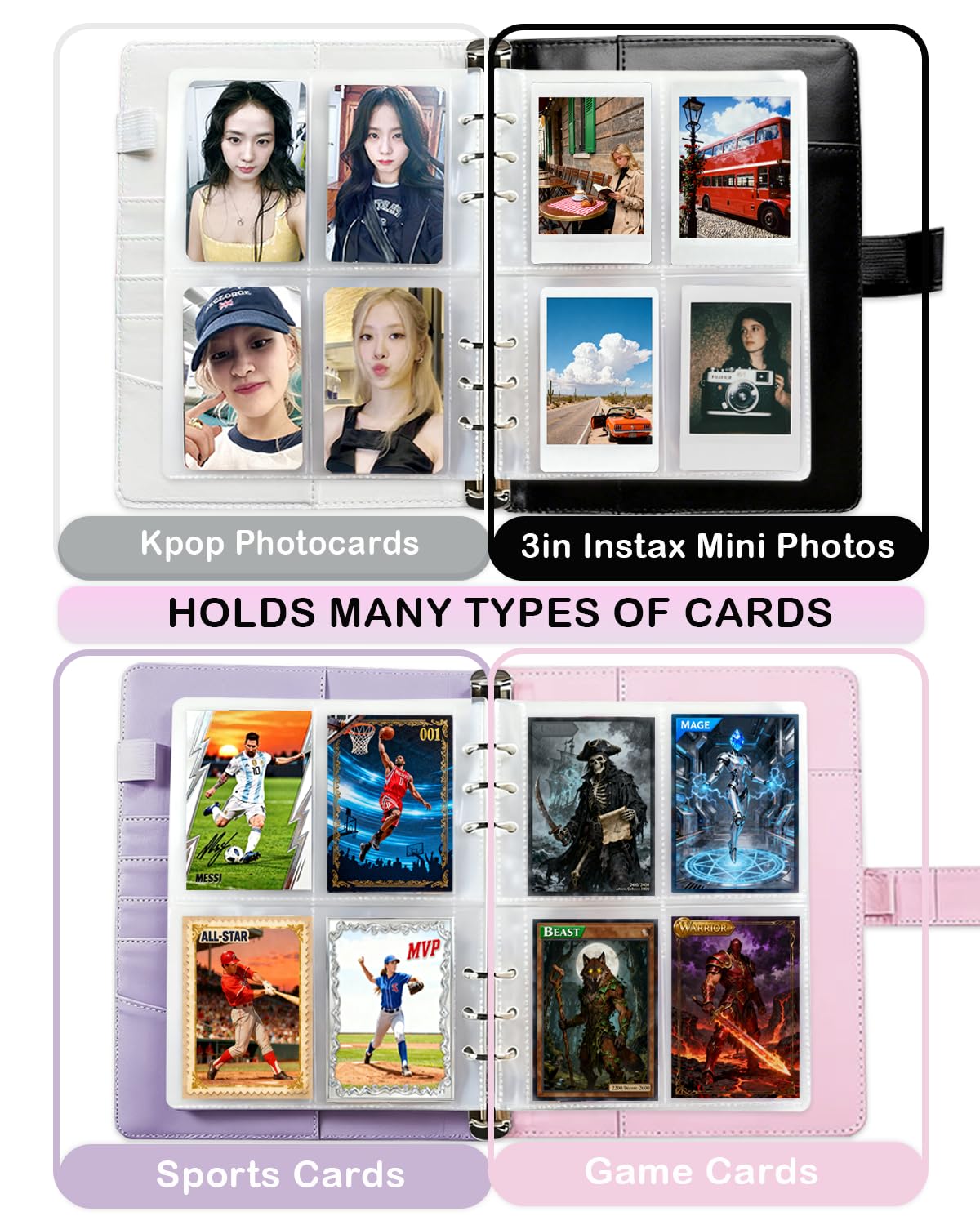 A5 Photo Card Binder with 30 Inner Sleeves (4-pocket and double-sided), 6 Ring 4 Pocket Trading Card Binder, PU Leather Card Collect Book with
