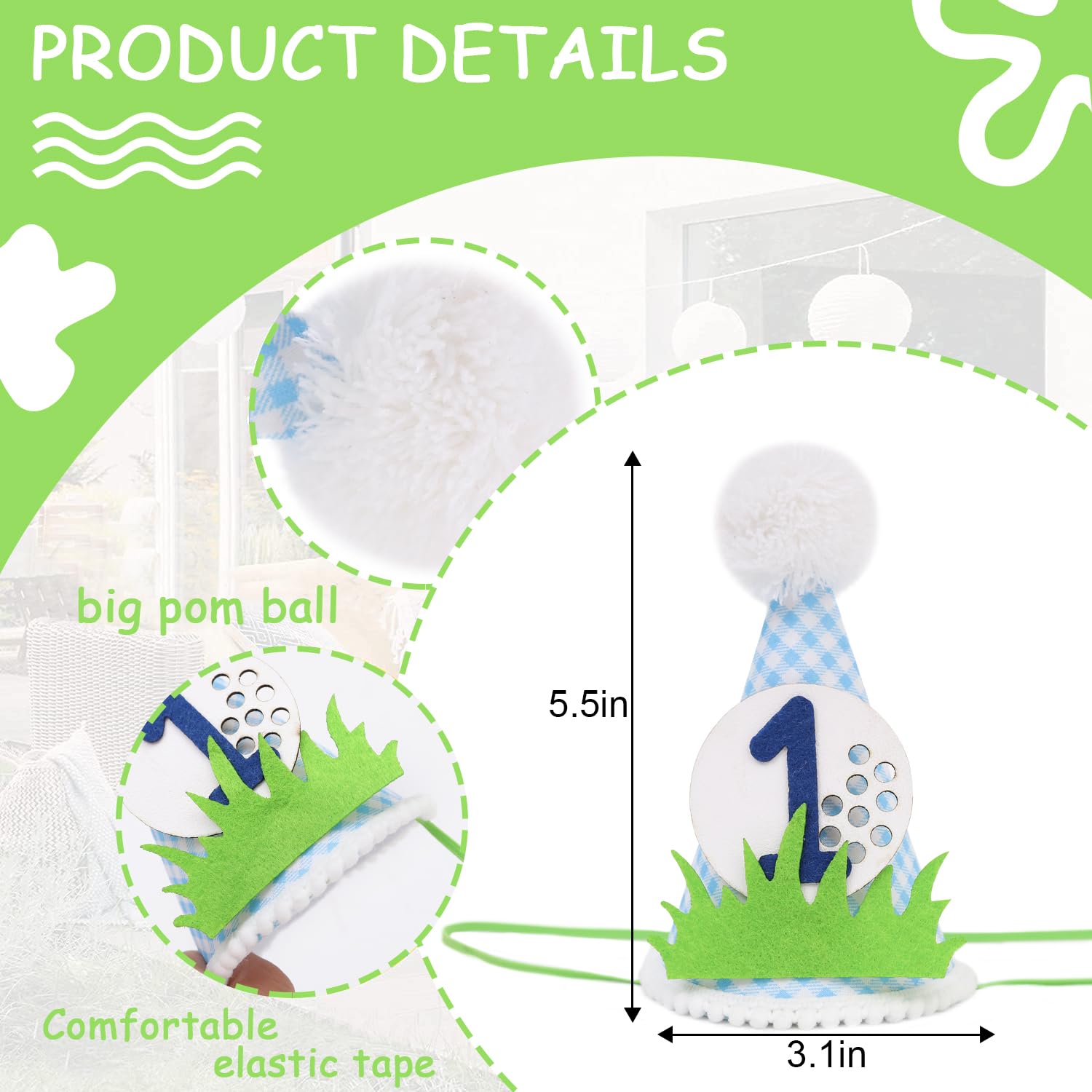 WUTKYAX Boys 1st Birthday Golf Hat - Hole In One Decorations, Kids Sports Party Photo Props, First Theme Party Crown, Little Cone Hat