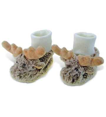 Puzzled DolliBu Brown Moose Soft Plush Baby Shoes - Soft & Fluffy Wild Life Fleece Unisex Footwear with Stuffed Animal Moose for Baby Boy or Girl