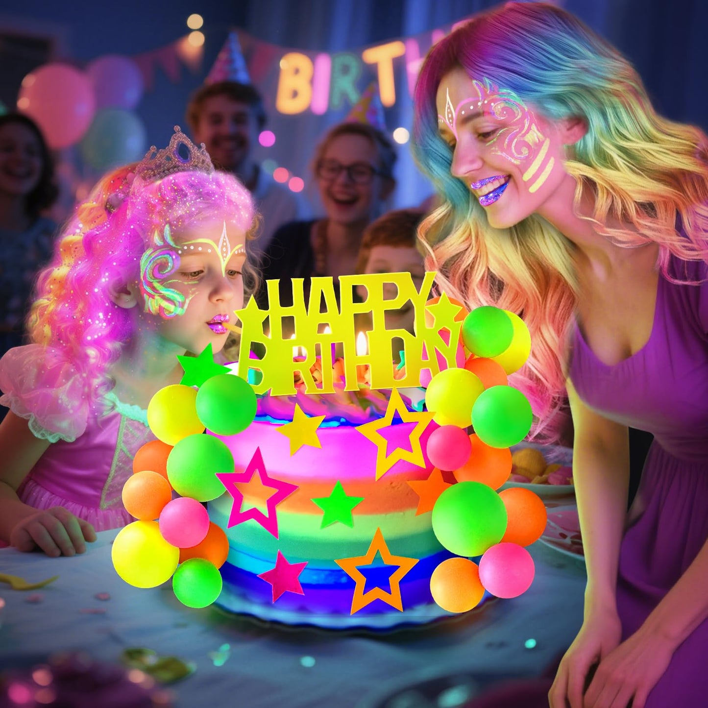 53pcs Neon Cake Decorations Glow Cake Toppers with Ball Star and Happy Birthday Toppers UV Reactive Party Decorations for Neon Cakes Black Light