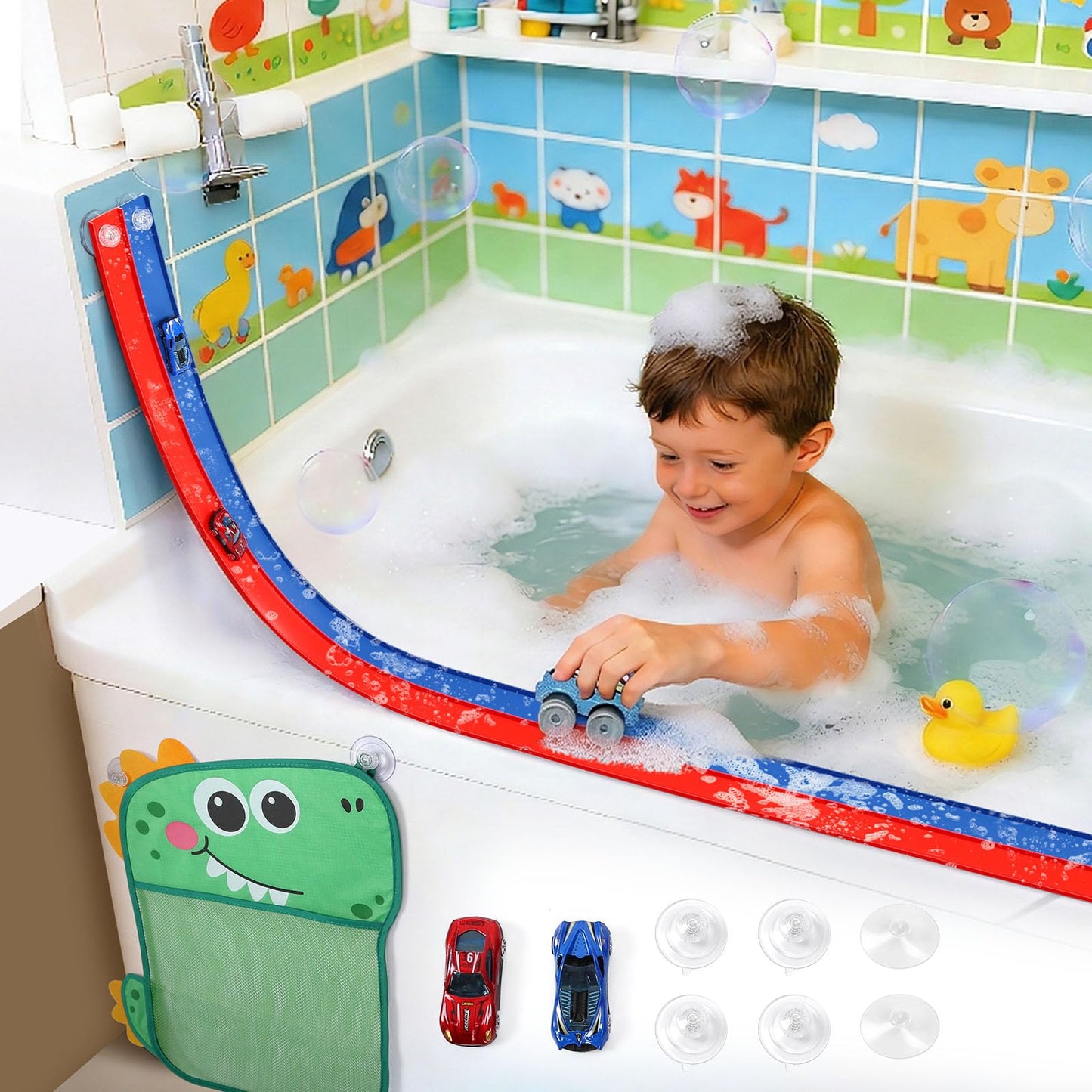 Flexible Race Car Track 6.5 Ft Starter Set with Suction Cups Diecast 1/64th Car for Ages 3 & Up Track Long Rolls Up Portable (6.5Ft Blue&Red)
