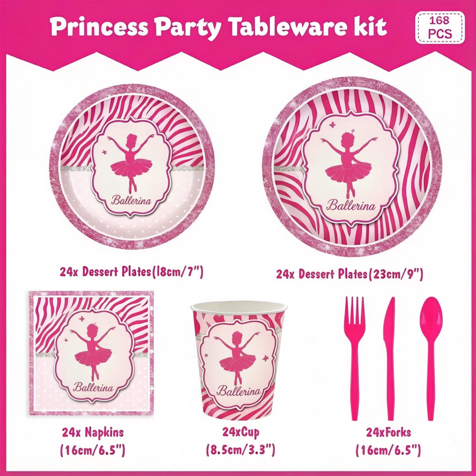 Pink Princess Party Supplies Kit for 24 Guests - 168 Pcs Disposable Tableware Set Includes Plates, Napkins, Cups & Cutlery for Girls Birthday Party